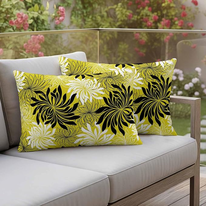 Yukro Yellow Black Floral Outdoor Waterproof Pillow Covers Pack of 2, Vintage Yellow White Black Flower Decorative Throw Pillowcases Cushion Covers for Garden Patio Tent Sofa Couch, 20x12 inch