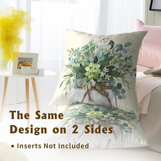Watercolor Eucalyptus Leaves Pillow Covers Set of 2, 16x16 Inch Spring Summer Natural Green Plant Floral Cotton Square Pillow Case Soft Cushion Cover for Couch Sofa Living Room