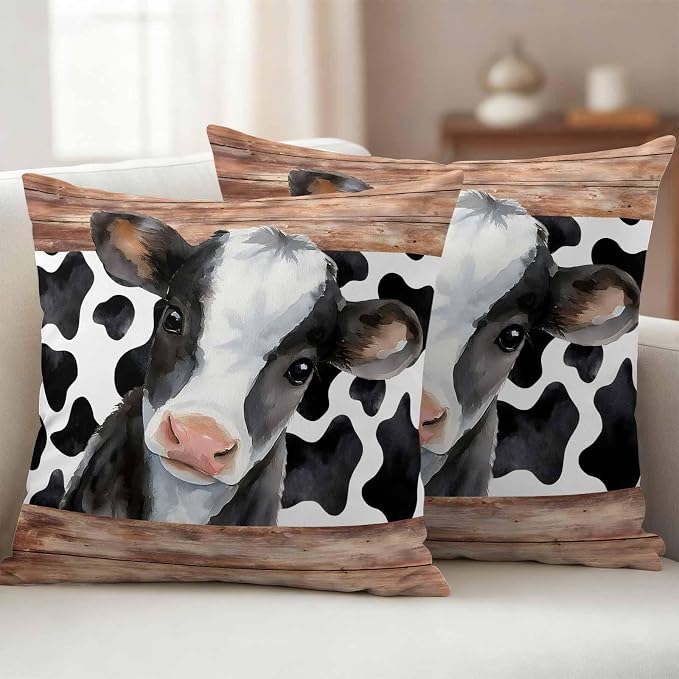 Cow Printed Outdoor Pillow Covers 18x18 Inch Throw Pillow Covers Set of 2 Waterproof Decorative Pillow Cases Farmhouse Watercolor Country Wooden Grain Cushion Covers for Patio Furniture Garden Couch