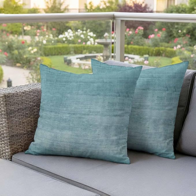 Vandarllin Outdoor Throw Pillows Covers 24x24 inch Set of 2 Waterproof Turquoise Linen Decorative Zippered Cushion Covers for Patio Furniture, Solid Color Texture Lumbar Pillowcases