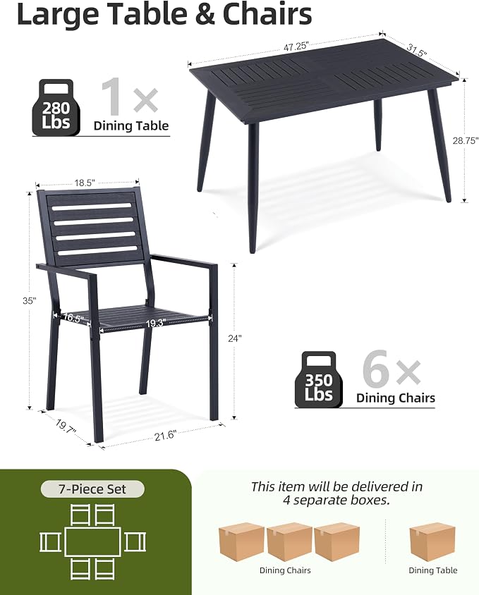 7-Piece Outdoor Dining Set - All-Weather HDPE Patio Table and 6 Stackable Chairs with Rust-Proof Steel Frame, Space-Saving Patio Furniture Set for Backyard (Black)