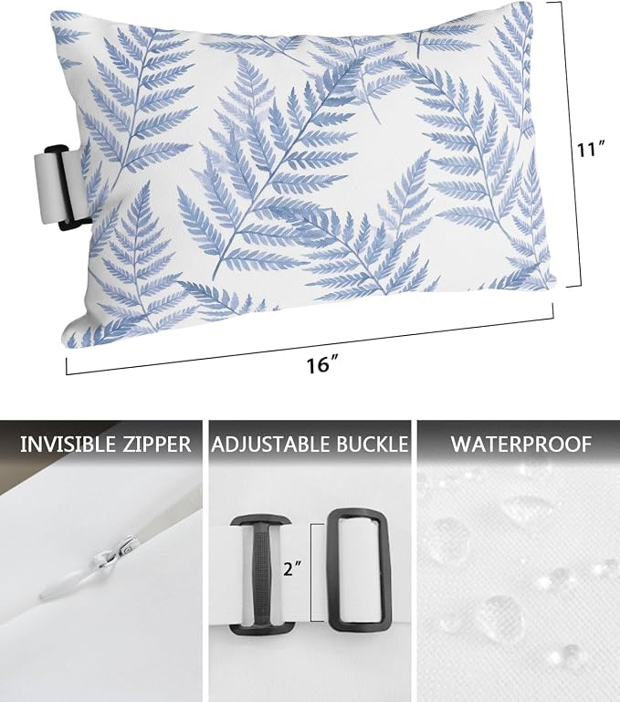 Lumbar Pillow Covers Set of 4, Blue Ferns Waterproof Outdoor Chaise Lounge Pillow Covers with Elastic Strap, Spring Summer Botanical Leaves Headrest Pillowcase for Patio, 11 x 16