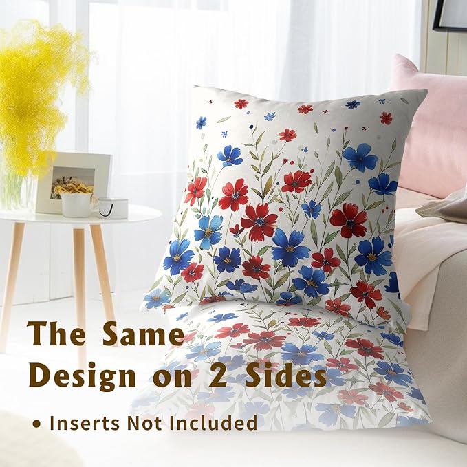 Blue Red Floral Pillow Covers Set of 2-22x22 Inch Summer Wildflower Leaves Patriotic Festival Decorative Square Throw Pillowcases for Sofa Bed Couch Porch Home Decoration