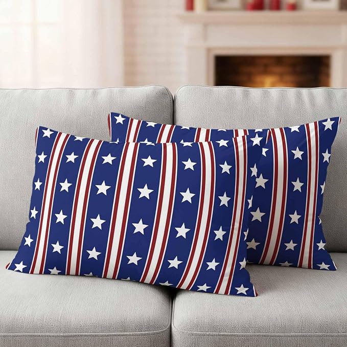 Blue Red Outdoor Pillow Covers 20"x12" Set of 2, Waterproof Throw Pillow Covers for Patio Furniture, Stripes Patirotic Star Independence Day Decorative Cushion Covers for Porch
