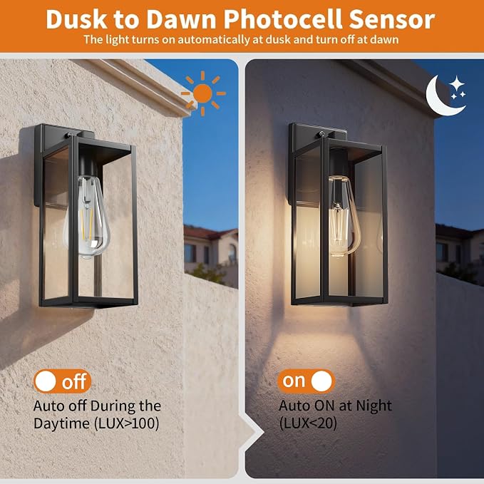 15'' Dusk to Dawn Outdoor Porch Lighting Fixtures Wall Mount, Sensor Exterior Wall Light for House, Ouside Lantern Lamp, Waterproof Wall Sconce Lights, Black Metal Coach Light for Garage Entryway