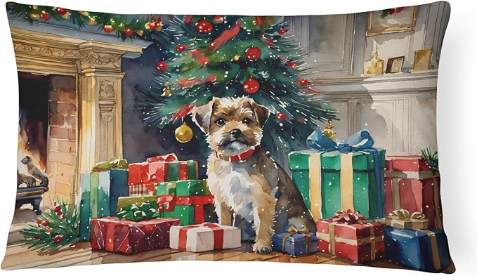 Caroline's Treasures DAC2616PW1216 Border Terrier Cozy Christmas Throw Pillow Machine Washable, Indoor Outdoor Decorative Pillow for Couch, Bed or Patio, 12HX16W