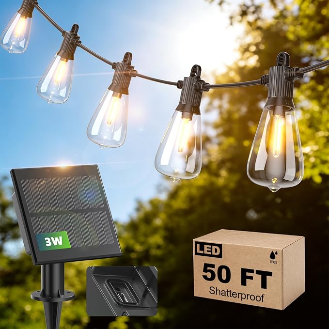 50FT Solar String Lights Outdoor Waterproof IP65 with USB-Charging , Solar Powered LED Patio Lights with 25+2 Shatterproof ST38 Edison Bulbs, Hanging Lights for Outside Backyard Garden Bistro Gazebo