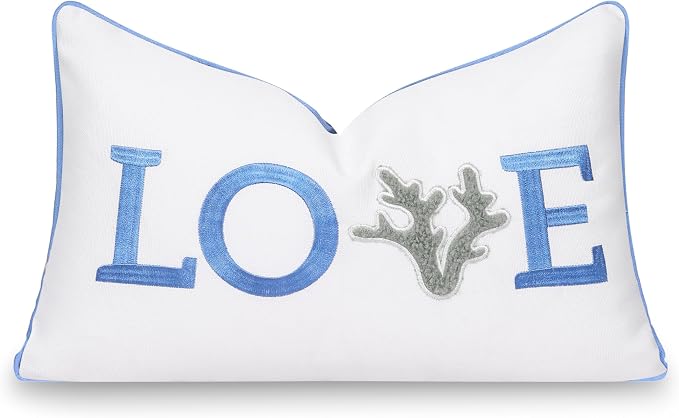 Hofdeco Premium Christams Coastal Patio Indoor Outdoor Lumbar Pillow Cover Only, 12"x20" Water Repellent for Backyard, Couch, Cornflower Blue Embroidered Love