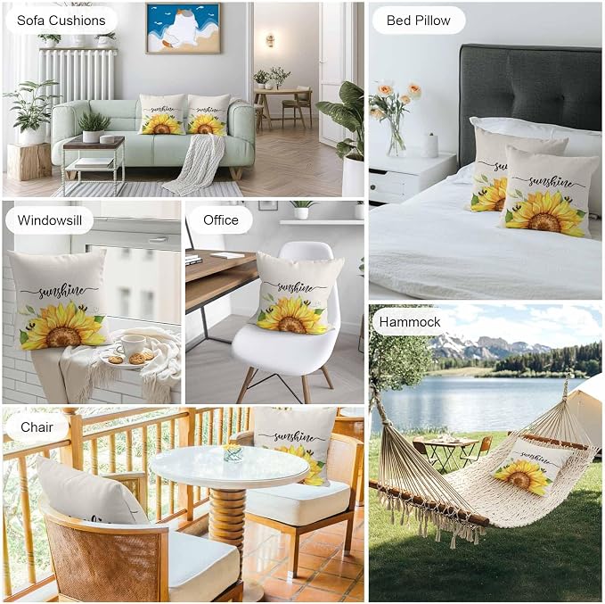 Vintage Yellow Sunflower Bee Outdoor Throw Pillow Covers Set of 2,Decorative Waterproof Pillowcase, Rustic Botanical on Linen Cushion Case for Patio Garden Couch Sofa Tent Bed 20x20 Inches