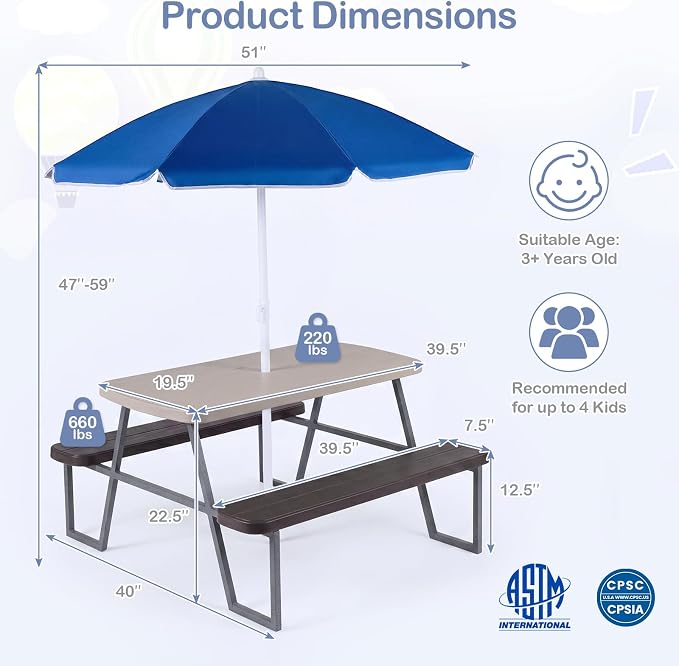 Costzon Kids Picnic Table, Toddler Outdoor Table & Bench Set with Removable Umbrella, HDPE Tabletop, Metal Frame, Kids Outdoor Furniture for Patio Backyard Garden, Fits 4 Children Age 3+ (Coffee)