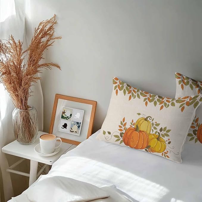 Orange Pumpkins Outdoor Waterproof Pillow Covers, Fall Yellow Leaves Vintage Beige Rustic Decorative Rectangle Throw Pillowcase Sofa Cushion Sham for Patio/Couch/Chair, 20"x12" 2 Pack