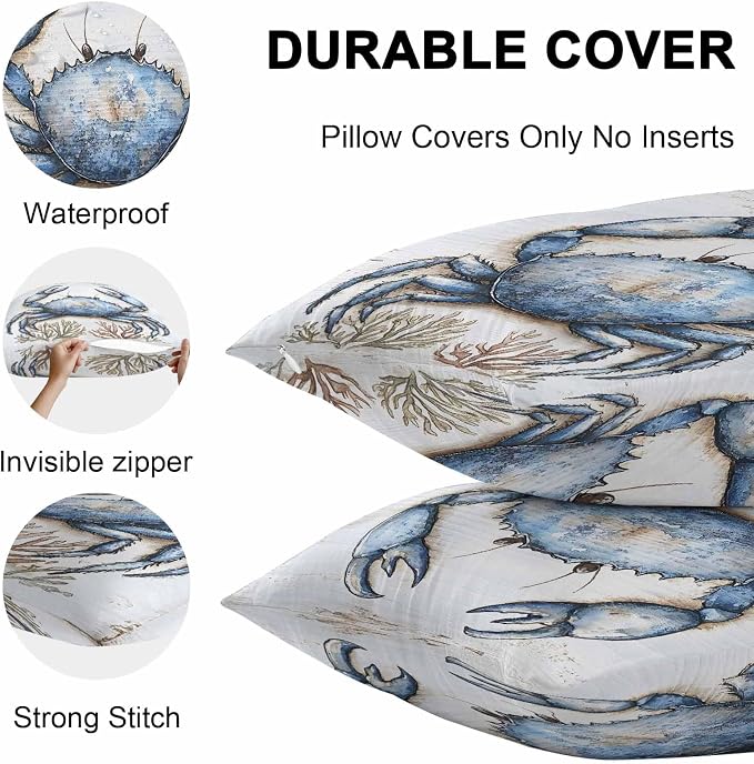 Blue Crab Coastal Outdoor Waterproof Pillow Covers, Nautical Summer Coral Ocean Beach Decorative Rectangle Throw Pillowcase Sofa Cushion Sham for Patio/Couch/Chair, 20"x12" 2 Pack