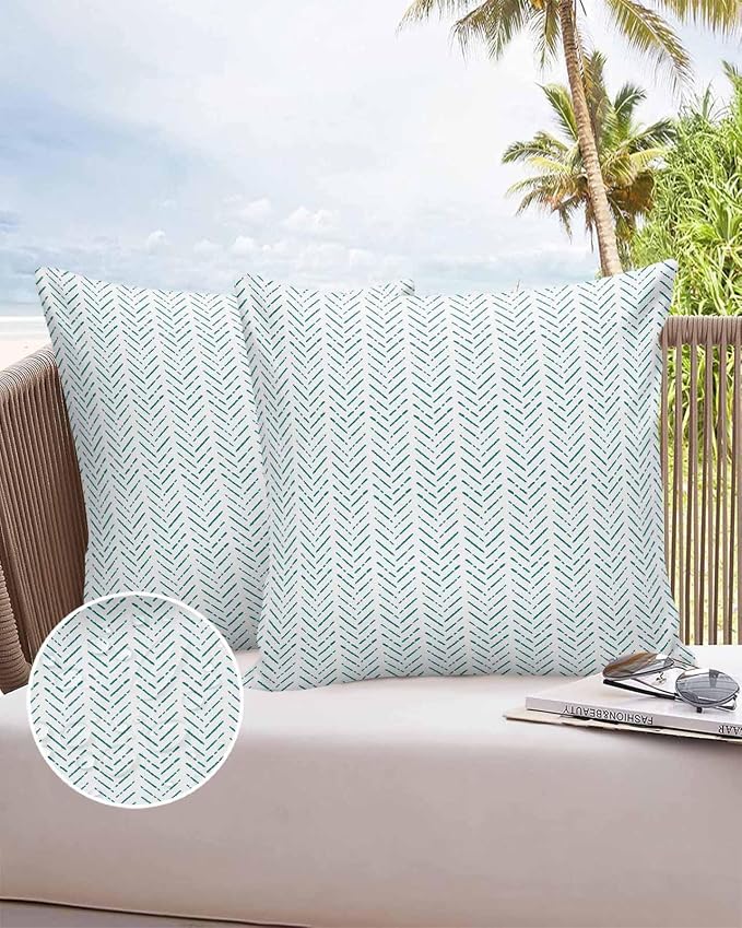 Turquoise Striped Outdoor Pillow Covers Waterproof,All Weather Cushion Case Set of 2 Decorative Pillowcases for Sofa Couch Bed Decor Patio Furniture 20"x20" White Geometric Minimalist Boho Striped