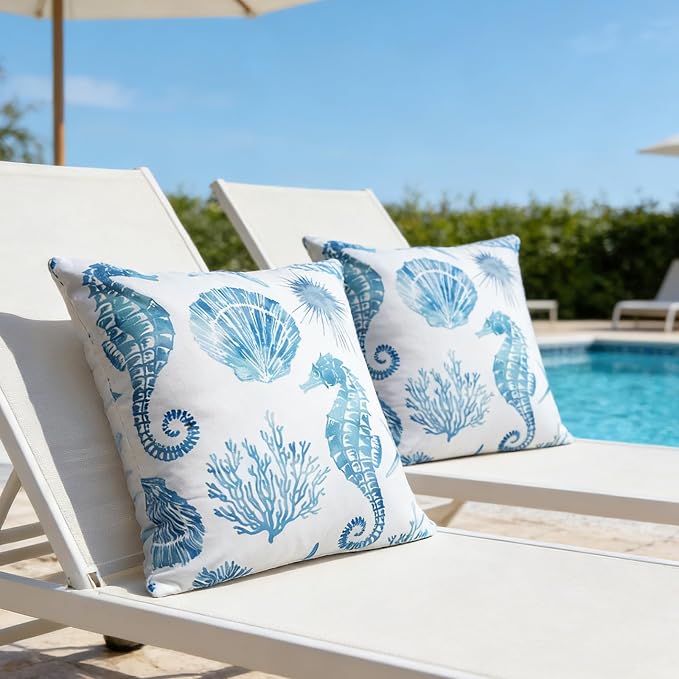 cygnus Coastal Outdoor Pillow Covers 18x18 inch Waterproof Seahorse Seashell Coral Beach Nautical Throw Pillow Covers for Patio Furniture Garden Bench Porch Sofa Couch Summer Decor Set of 2,Blue