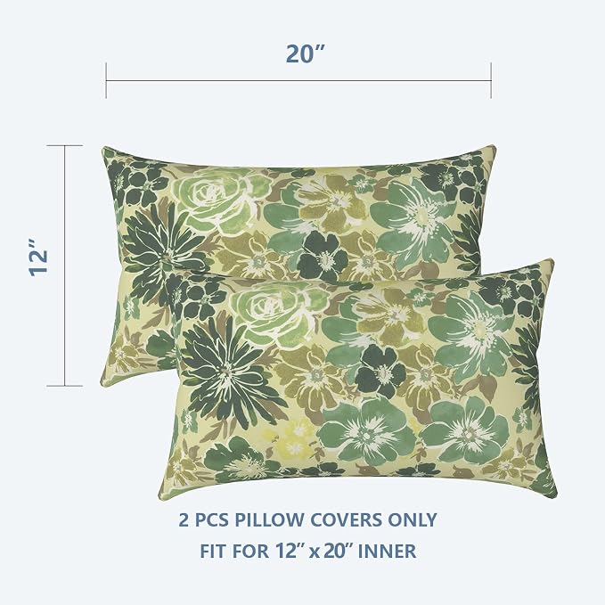 LVTXIII Outdoor Lumbar Pillow Covers, Patio Decorative Lumbar Pillow Cases ONLY, Fluffy Fade-Resistant Lumbar Cushion Cases for Home Balcony and Garden, 12x20 Inch, Pack of 2, Green Rose