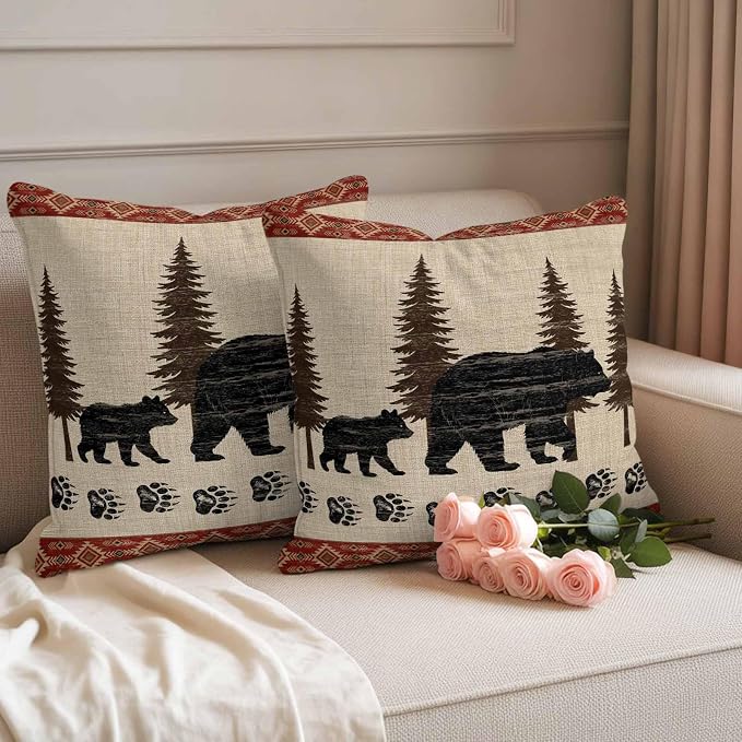 Bear Outdoor Waterproof Throw Pillow Covers 26 x 26 Inches Set of 2 Pine Forest Nature Bear Nature Vintage Boho Decorative Cushion Cover Pillowcase for Garden Patio Tent Beach Livingroom Sofa Couch