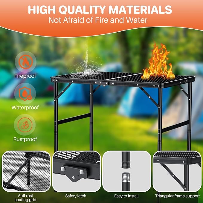 FUNYKICH Wider and Taller Grill Table 31.5''x21.6'', Max Height 29.4'' Portable Camping Tables, 2 Height Adjustable Lightweight Metal BBQ Table with Carry Handle for Camping, Picnic, BBQ, Black