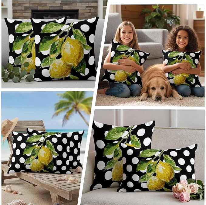 Waterproof Pillow Covers Set of 2,Farmhouse Yellow Lemon Green Leaf Outdoor Pillow Protectors with Zipper Pillowcases for Patio Tent Garden Beach 20x20 Inches Black White Polka Dot