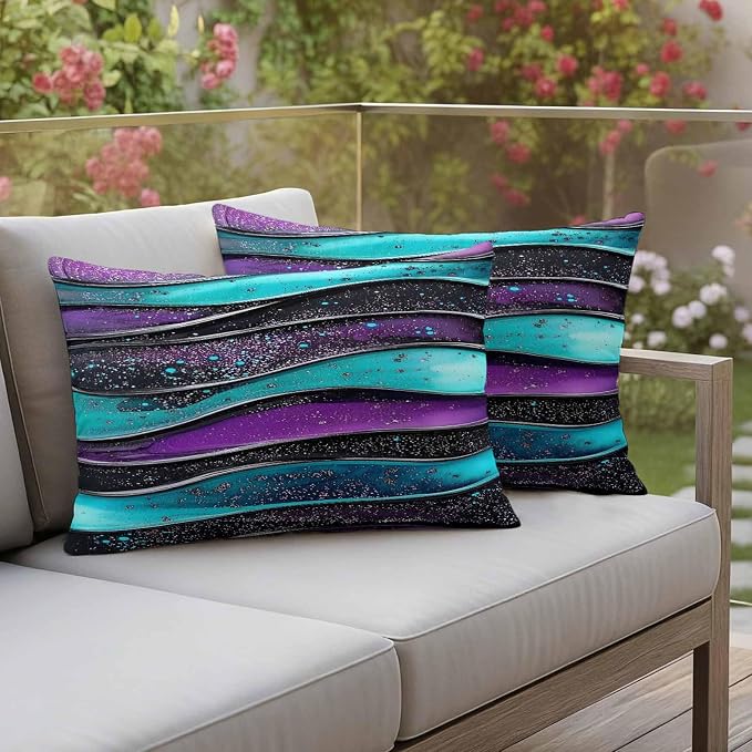 JasmineM Outdoor Pillow Cover 12x20 Inches Set of 2 Abstract Purple Teal Wave Waterproof Throw Pillow Covers Modern Black Strips Decorative Pillowcases Garden Cushion Case for Patio Couch Sofa