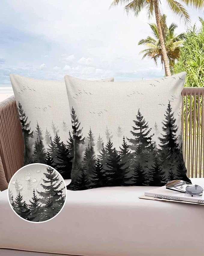 Vandarllin Outdoor Throw Pillows Covers 26x26 inch Set of 2 Waterproof Black Forest Decorative Zippered Cushion Covers for Patio Furniture, Tree Bird Nature Landscape Linen Lumbar Pillowcases