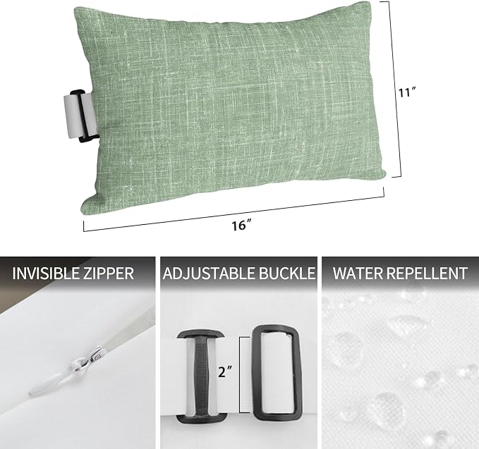Outdoor Lumbar Pillow Set of 2, Sage Green Waterproof Beach Headrest Pillow with Inserts, Farmhouse Vintage Green Solid Color Modern Recliner Throw Pillows for Patio Furniture, 12 x 20