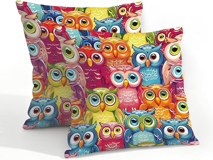20x20 Inch Outdoor Pillow Covers Set of 2 Waterproof Throw Pillow Covers Decorative Couch Cushion Covers Colorful Cute Owl Square Pillowcases Protectors for Patio Garden Sofa