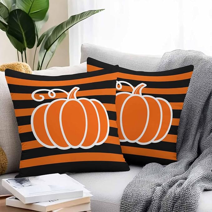 Orange Pumpkins Outdoor Waterproof Pillow Covers, Autumn Black Stripes Farmhouse Decorative Square Throw Pillowcase Sofa Cushion Sham for Patio/Couch/Chair, 26"x26" 2 Pack