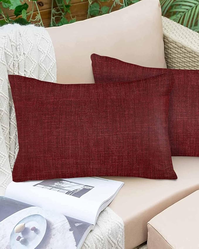 Vandarllin Outdoor Throw Pillows Covers 20x12 inch Set of 2 Waterproof Wine Red Linen Decorative Zippered Cushion Covers for Patio Furniture, Farmhouse Pure Color Lumbar Pillowcases
