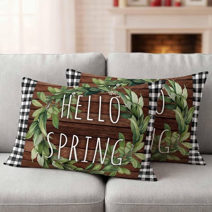 Hello Spring Outdoor Pillow Covers Pack of 2 Green Leaf Plant Black Plaid Brown Wood Grain Waterproof Throw Pillow Covers Decorative Cushion Cases for Patio Garden Tent Balcony Couch 20x12 inch