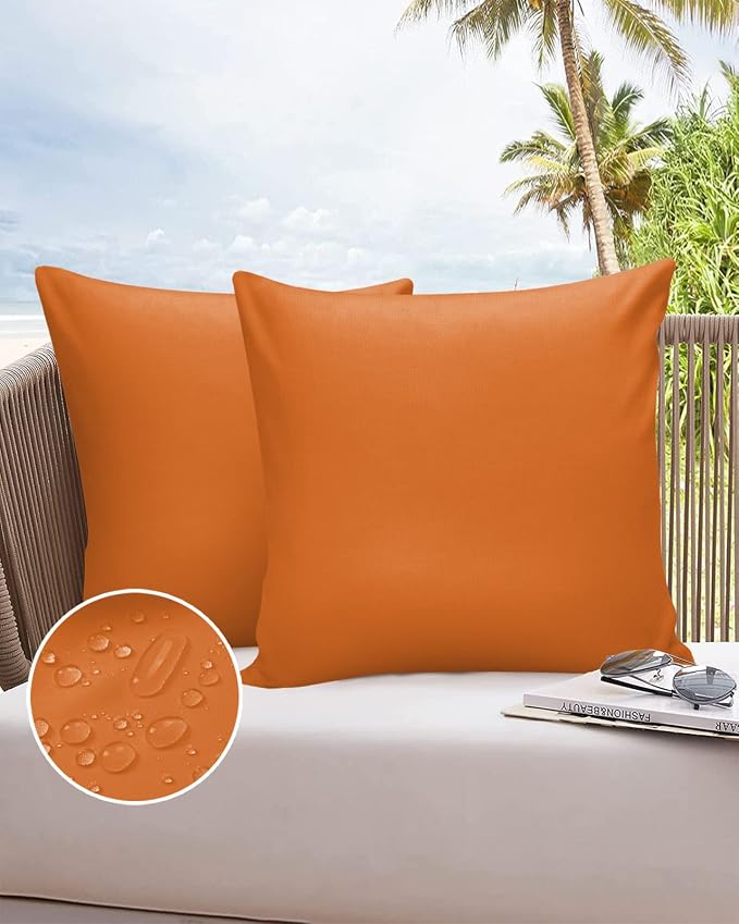 Outdoor Waterproof Pillow Covers for Patio Furniture Bright Orange Decorative Throw Pillow Cover Solid Color Pillowcases Set of 2 Cushion Case for Sofa Couch Chair Home Decor 16x16 inch x 2pcs