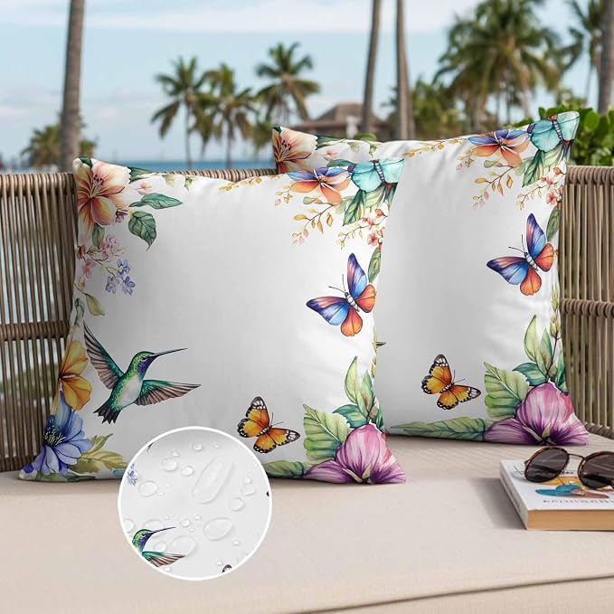 Spring Flowers Bird Outdoor Waterproof Throw Pillow Covers Set of 2, 20"x20", Hummingbird Butterfly Rustic Decorative Pillow Covers Outside Cushion Case for Patio Porch Garden
