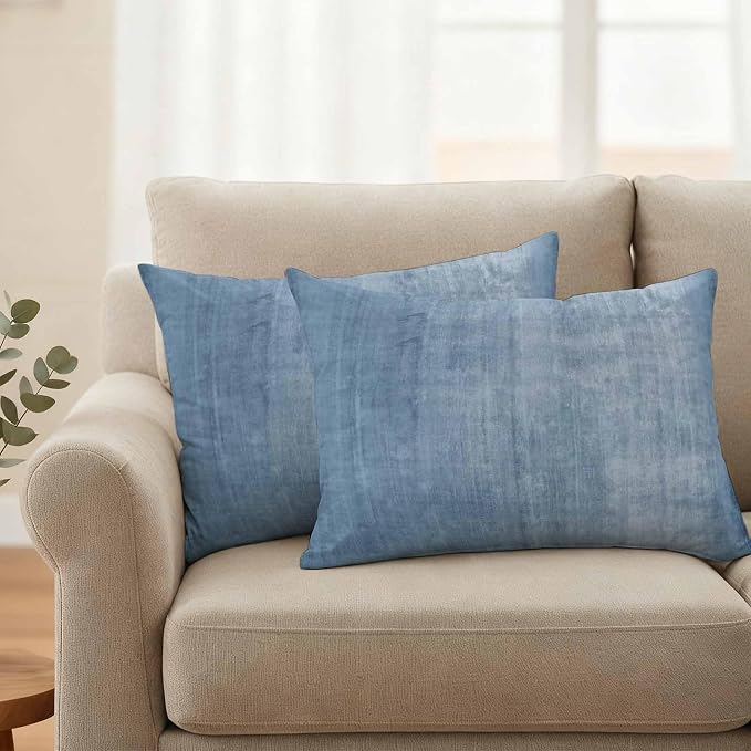 Vandarllin Outdoor Throw Pillows Covers 20x12 inch Set of 2 Waterproof Blue Linen Decorative Zippered Cushion Covers for Patio Furniture, Solid Color Texture Lumbar Pillowcases