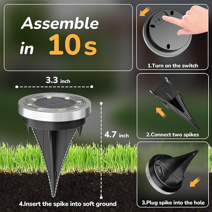 INCX 16Pack Solar Ground Lights Outdoor, 8 LED, IP65 Waterproof, Cold White | 600mAh Ni-MH battery, 8-10h runtime, stainless steel, ABS and PP body, solar garden lights for pathways, lawns and driveways