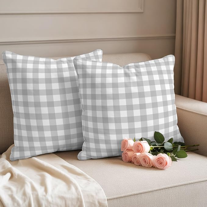 Light Gray Checks Outdoor Pillow Covers 16"x16" Set of 2, Gingham Plaid Abstract Modern Minimalist Waterproof Throw Pillow Covers for Patio Furniture, Decorative Cushion Covers for Porch
