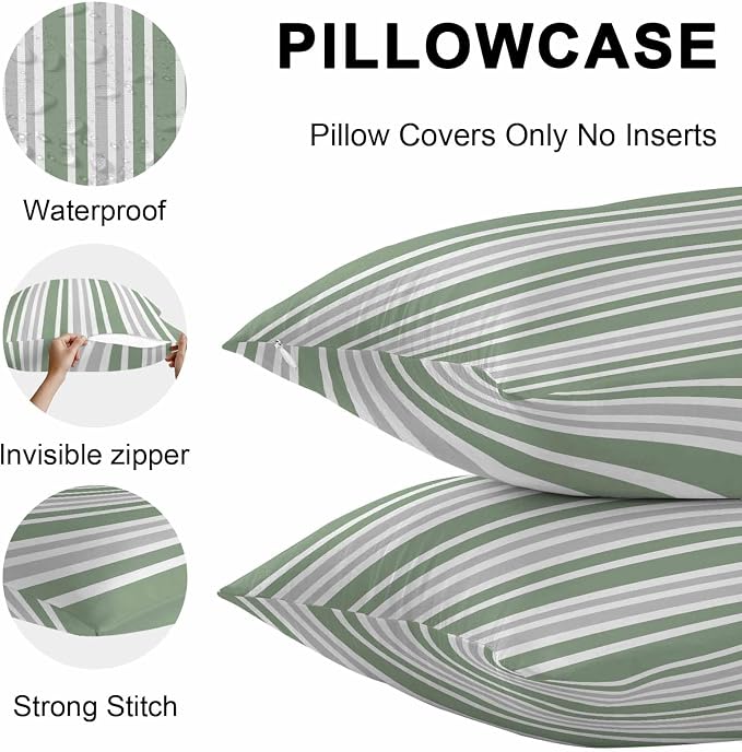 Sage Green Grey Stripe Outdoor Pillow Covers 20x12 Inch Lumbar Pillow Covers Set of 2 Waterproof Decorative Throw Pillow Cases Farmhouse Minimalist Striped Cushion Covers for Patio Furniture Garden