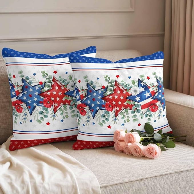 Independence Day Star Outdoor Pillow Covers 20"x20" Set of 2, Waterproof Throw Pillow Covers for Patio Furniture, Farm Red Blue White Star Eucalyptus Leaves Decorative Cushion Covers for Porch