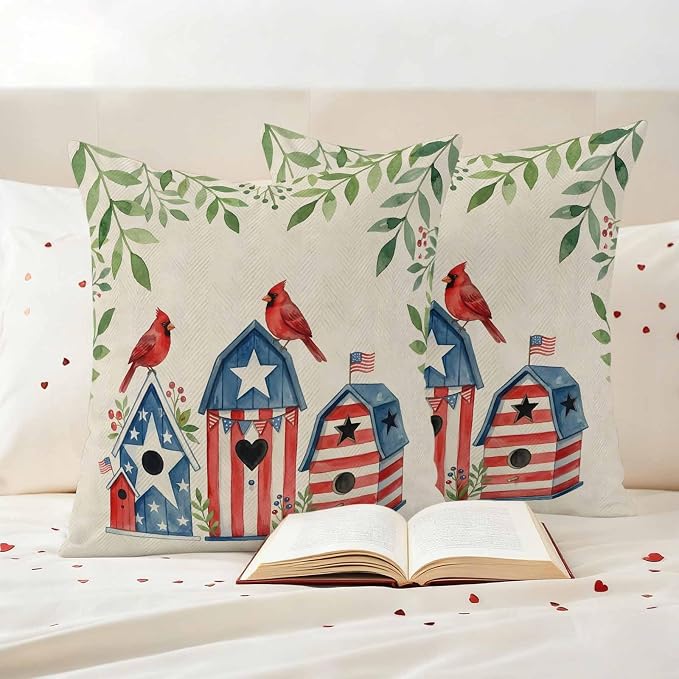 American Flag Bird House Outdoor Pillow Covers Waterproof, All Weather Cushion Case Set of 2, Green Eucalyptus Beige 250th Decorative Pillowcases for Sofa Couch Bed Decor Patio Furniture 16"x16"