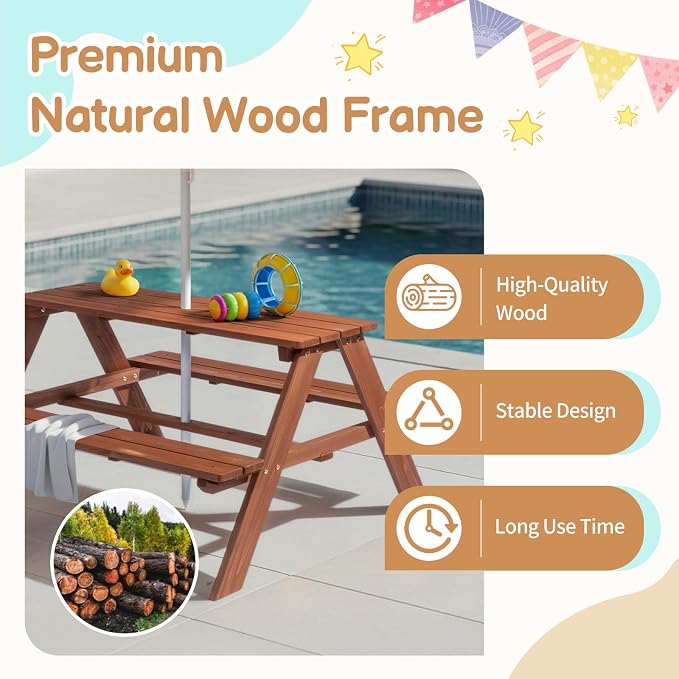 Kids Picnic Table, Wooden Toddler Picnic Table and Chair w/Removable Umbrella, Kids Outdoor Furniture for Patio Garden, Dark Brown