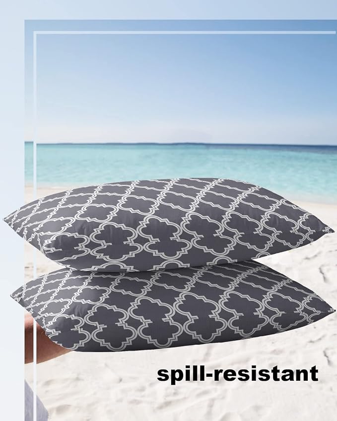 Outdoor Waterproof Pillow Covers for Patio Furniture Moroccan Pattern Decorative Throw Pillow Cover Dark Grey Pillowcases Set of 2 Cushion Case for Sofa Couch Chair Home Decor 20x12 inch