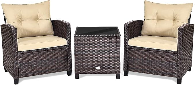 ARLIME 3 Piece Outdoor Patio Furniture Set, All-Weather PE Rattan Wicker Sofa Set w/Removable & Washable Cushion, Modern Conversation Sofa for Garden, Balcony, Swimming Pool, Patio (Beige)