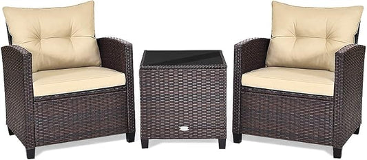 ARLIME 3 Piece Outdoor Patio Furniture Set, All-Weather PE Rattan Wicker Sofa Set w/Removable & Washable Cushion, Modern Conversation Sofa for Garden, Balcony, Swimming Pool, Patio (Beige)