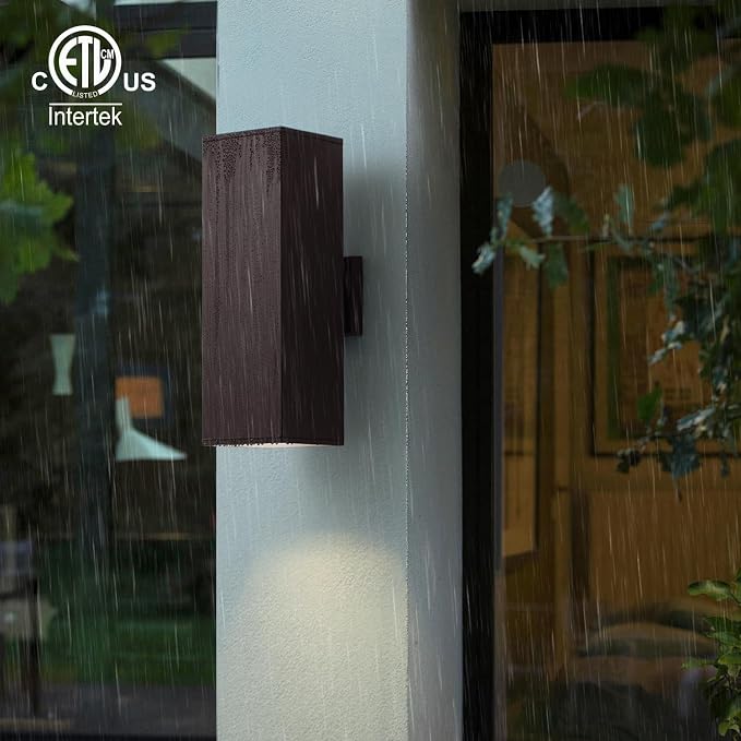 mirrea 18" Modern Outdoor Porch Light, 2 Lights, Oil Rubbed Bronze, 2 Pack | Patio wall sconce, aluminum rectangular tube, tempered glass, waterproof. Up & down lighting for outdoor wall mount fixture.