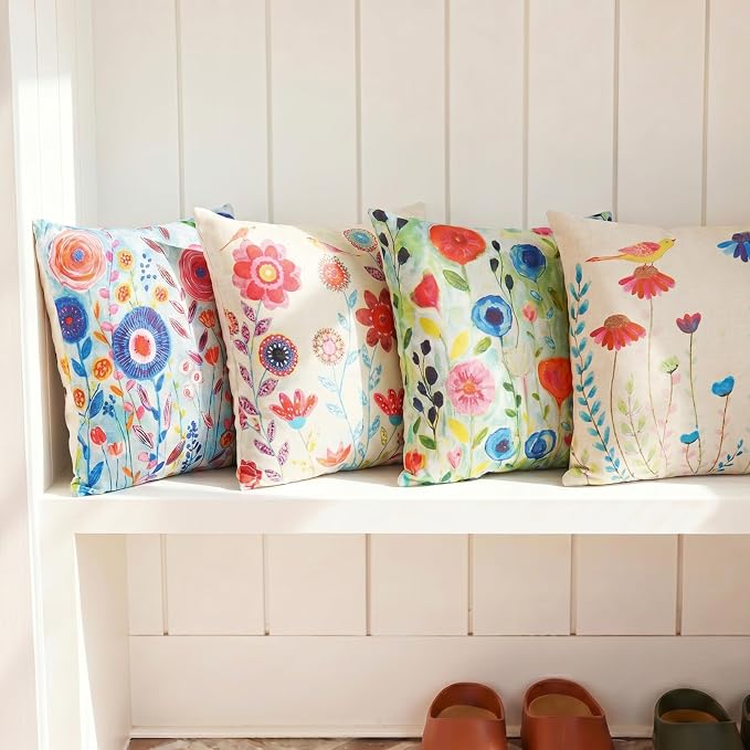 Colorful Floral Outdoor Throw Pillow Covers 18x18 Waterproof, Set of 4 | Floral Pillow Cases, Flower Decor, Spring Summer Outdoor Pillows for Patio Furniture Porch, No Decorative Pillow Inserts