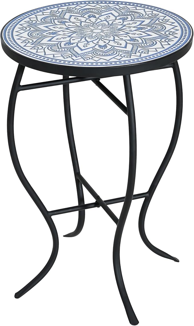 IRONORA Mosaic Tile Round Side Table, Blue White Mandala Patio End Table, Curved Black Metal Frame Weather Resistant Accent Table for Balcony Backyard Porch Living Room