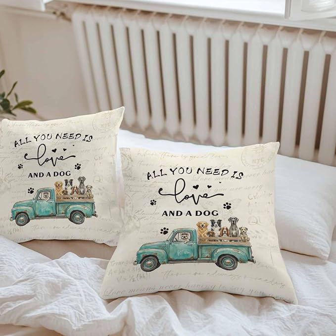 Cartoon Animal Outdoor Pillow Covers Set of 2, Vintage Teal Truck with Pet Dog Puppy Decorative Waterproof Throw Pillowcase Retro Beige Cotton Linen Soft Cozy Cushion Cover Pillowsham 16x16In
