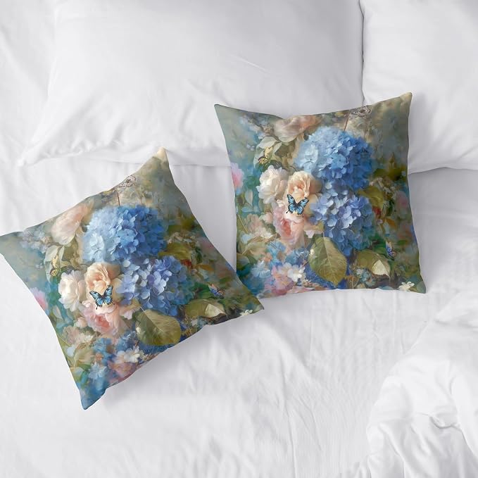 Vintage Rose Hydrangea Pillow Covers Oil Painting Floral Throw Pillow Covers Spring Summer Pillow Case 16x16 Blue Pink Flowers Cushion Case for Living Room Couch Sofa Set of 2