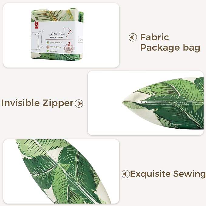 Throw Pillow Covers Set of 2, Outdoor Indoor Waterproof Decorative Patio Throw Pillowcase Shell 18x18 Inch, Square Cushion Case for Couch Sofa Garden Farmhouse Decoration-Green Palm Leaf