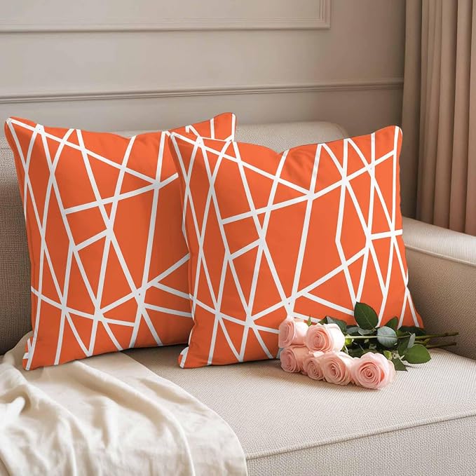 Outdoor Pillow Covers Waterproof, Orange Geometric Decorative Square Throw Pillowcases Patio Cushion Covers for Tent/Garden, 24" x 24" 2 Pack, Abstract Stripes Modern Simple