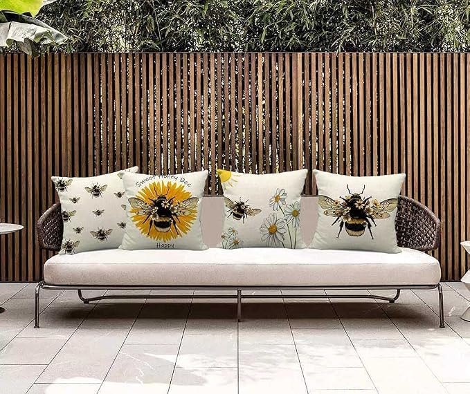 Outdoor Bee Pillow Covers Waterproof Furniture Decor Patio Garden Bee Decorations for Home Outside Chair Cushions Throw Pillows 18x18 Inch Set of 4 Decorative for Couch Sofa ﻿