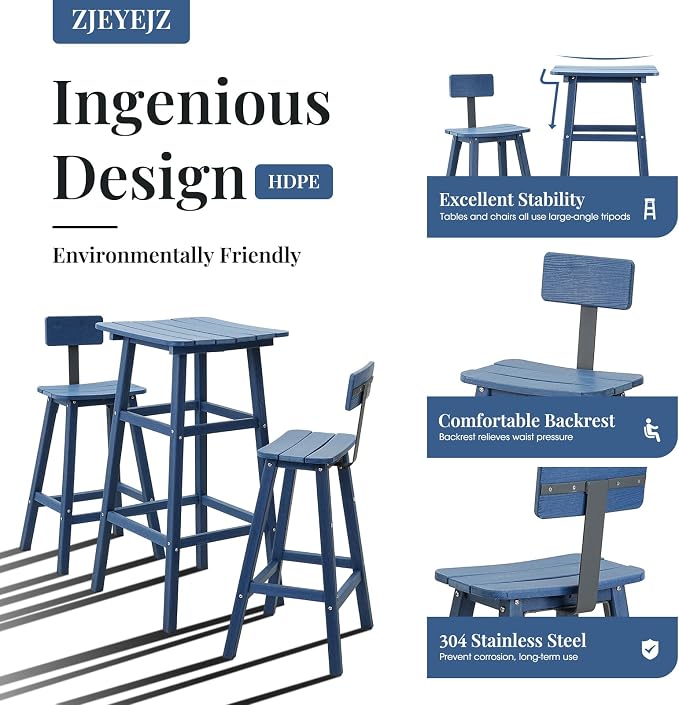 Outdoor Bar Table, HDPE Patio Bar Table, Weather Resistance Outdoor Balcony Set for Spas, Cafes, Swimming Areas, Lodges and Hotels - Blue